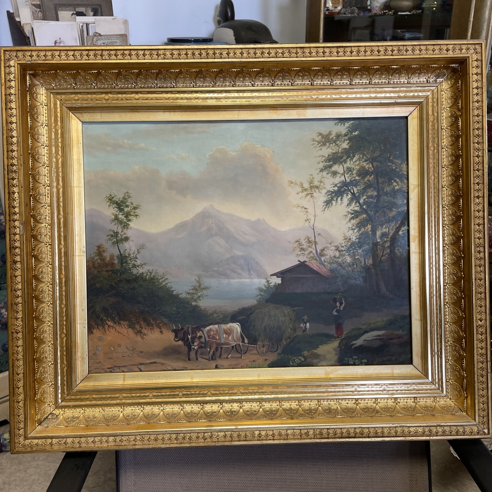 Antique Swiss Oil Painting On Canvas Landscape Switzerland Framed