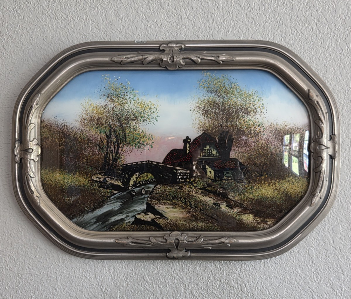 Antique Old Homestead By The Creek Reverse Painted/Foil Accent Convex Glass