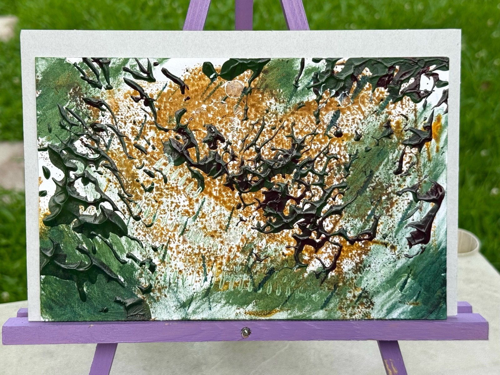 «Nature’s Landfill» Green and Brown Small Abstract 8.5 x 5.5in Painting