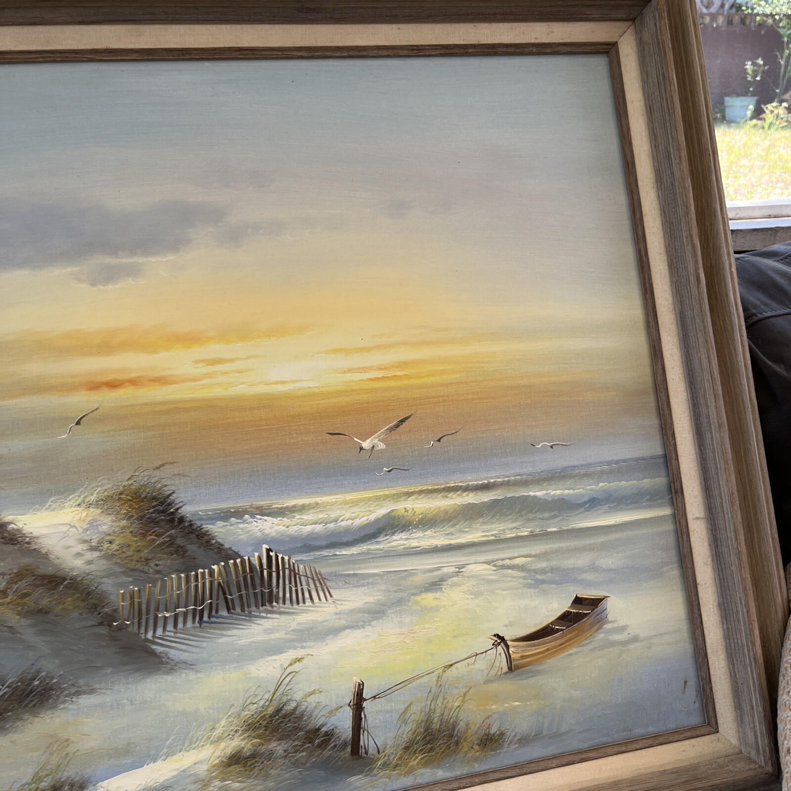 Large Florida Beach Scene, Sofa Painting 31” X 43”, Sea Gulls & Sand. & Signed!