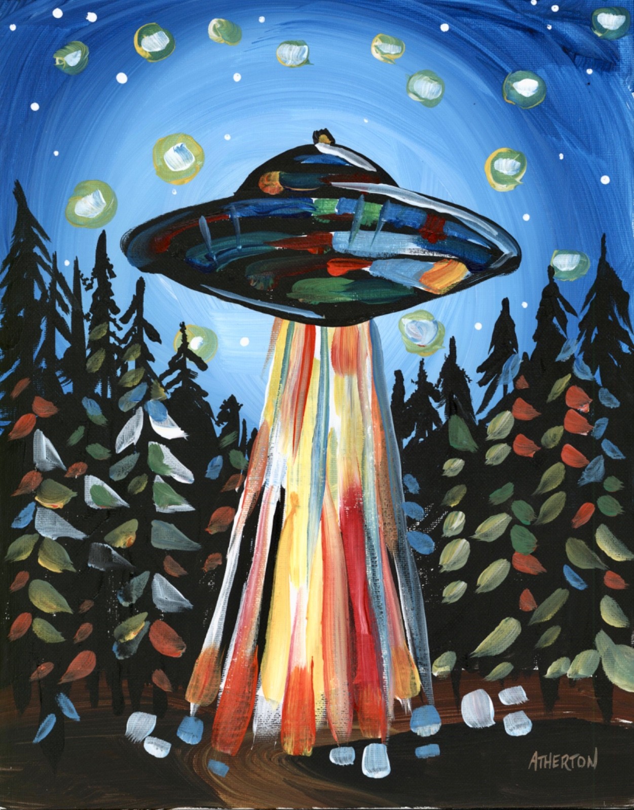 Atherton 11×14 Original Alien Abduction Acrylic Painting «UFO Woods» hand signed