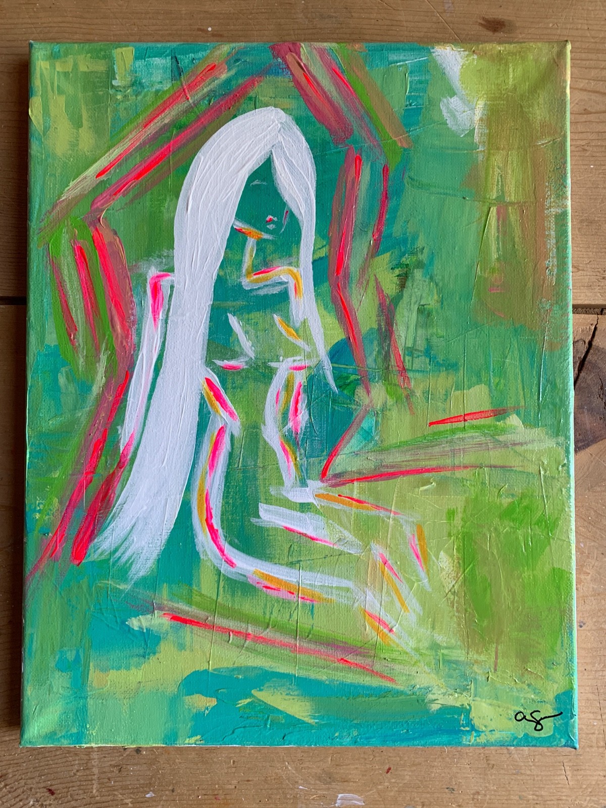 Original Acrylic Painting – 11″x14″ Abstract Woman Sketch on Green Background