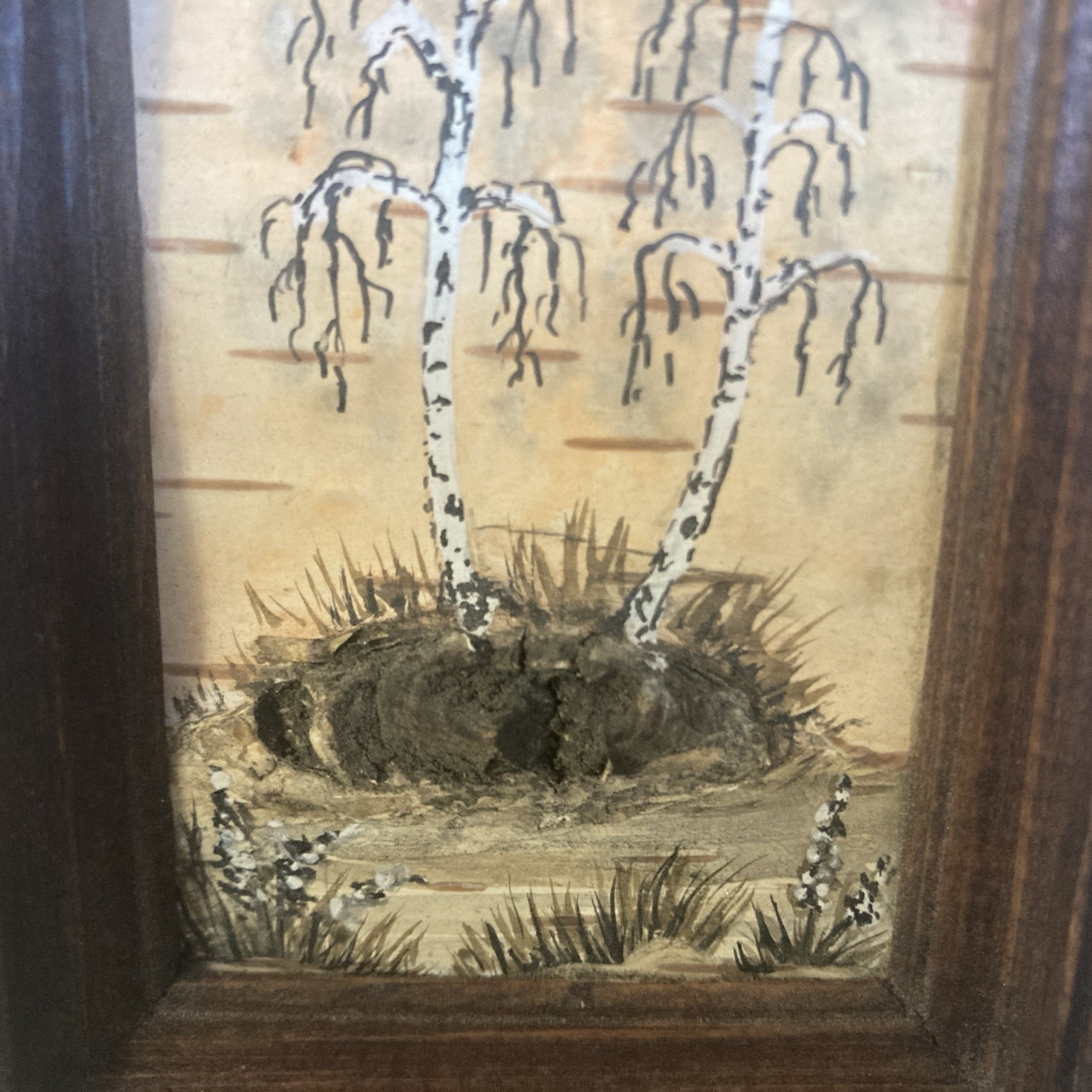 Vtg Small Russian Birch Bark Landscape Framed Artist Signed Set of 3