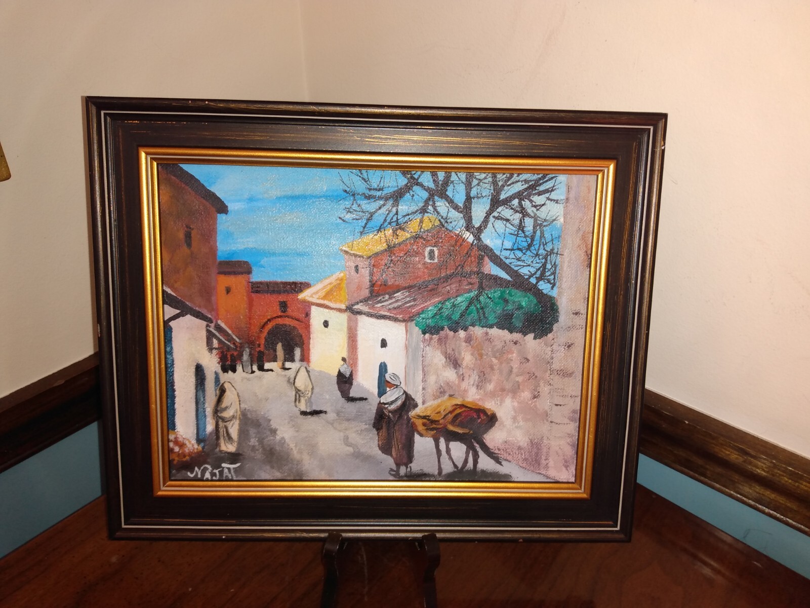 Signed Vintage Original Framed Oil Canvas Painting Morocco ? Moroccan Street