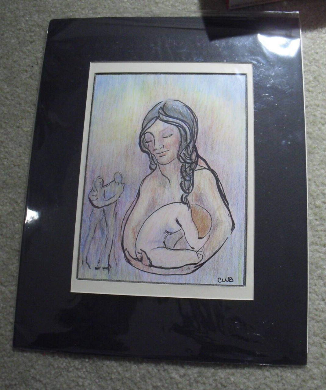 Original Matted CWB Signed Colored Pencil Ink Impressionist Woman Painting