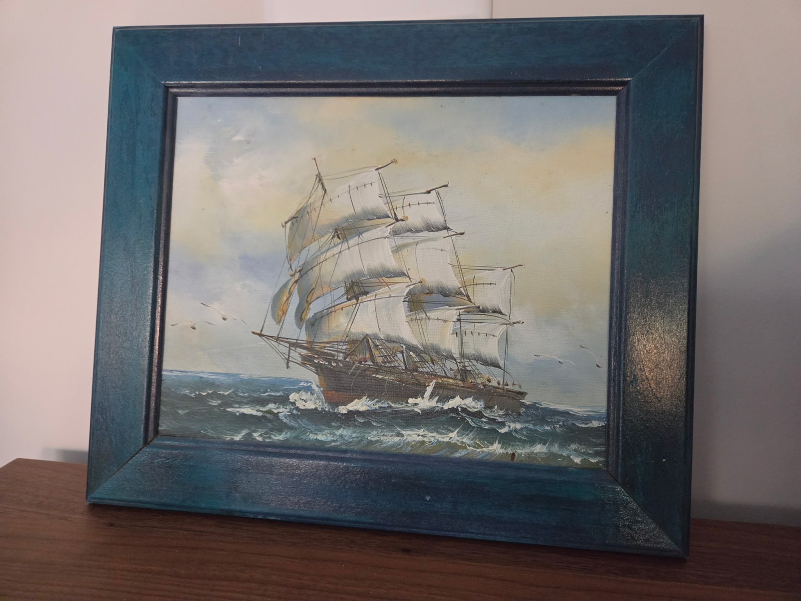 VTG Oil painting on canvas depicting a clipper ship sailing on rough seas