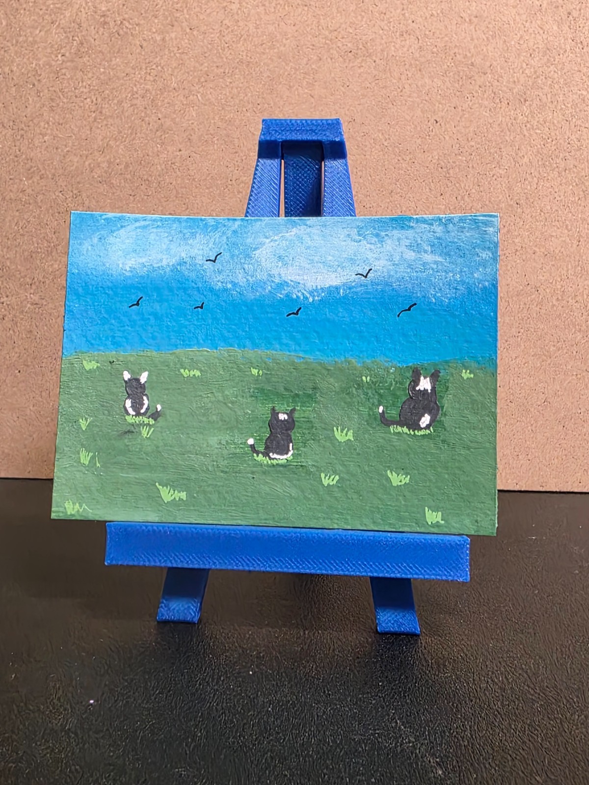 ACEO original painting Cats in a meadow looking at birds, by Mindy Matthews