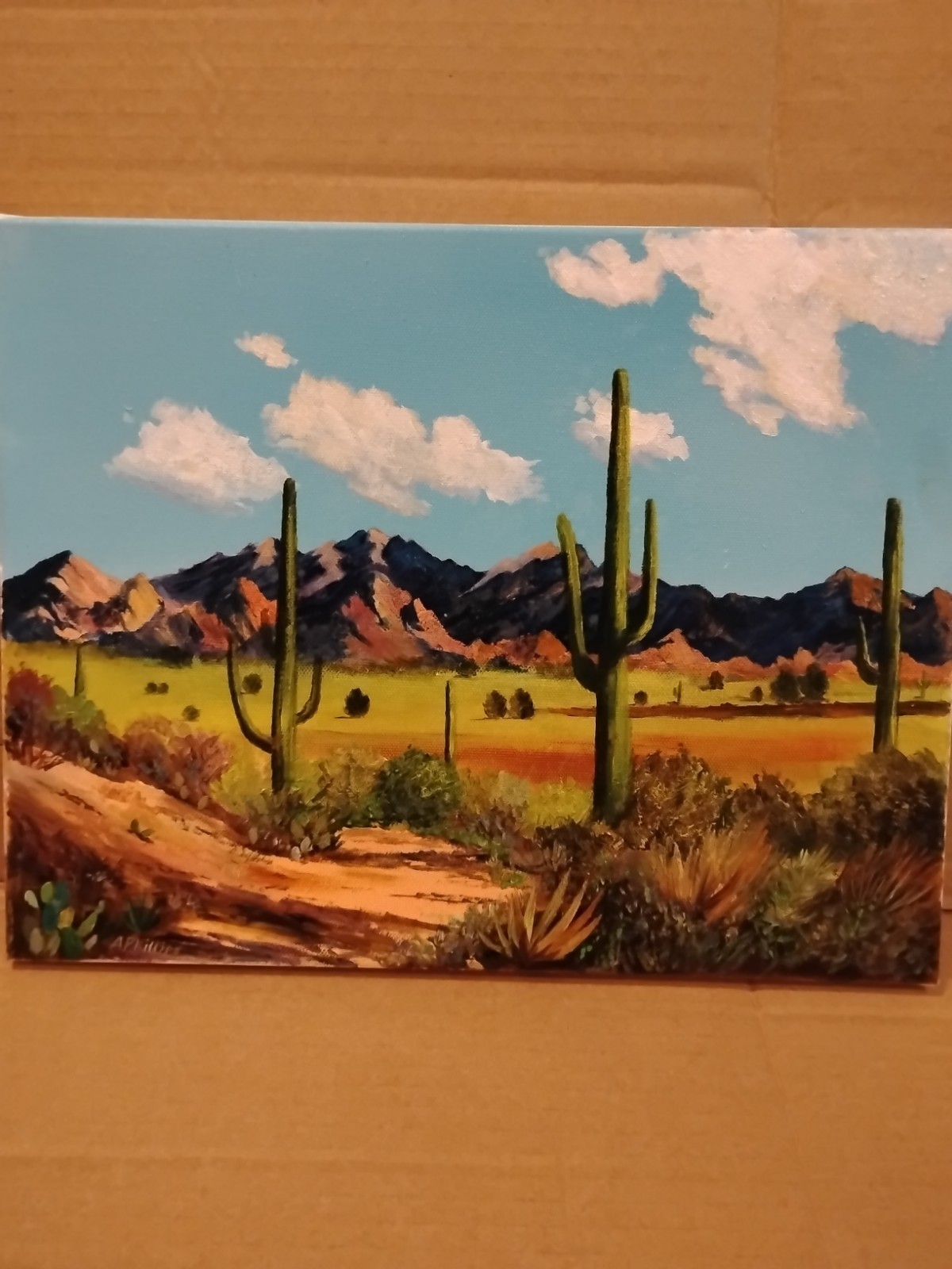 Authentic Desert Cactus Landscape Oil Painting 🎨 New Mexico Folk Art 14×11