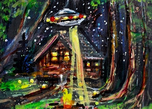 Original ACEO Painting CABIN & Spaceship Stars Night TREES Universe UFO ATC ART