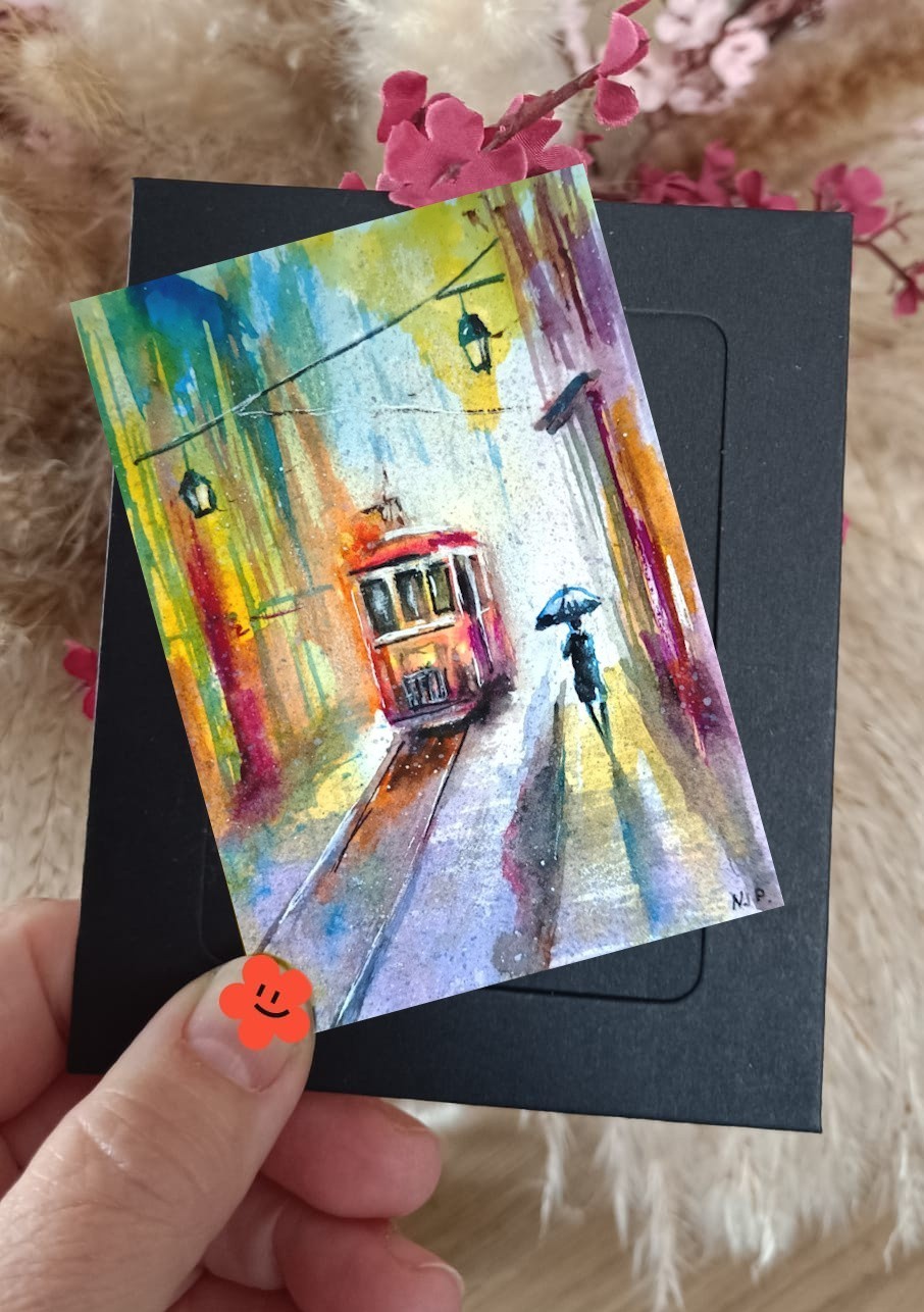 Original Umbrella ACEO Rain Woman Tram City Urban Collectable Painting Signed