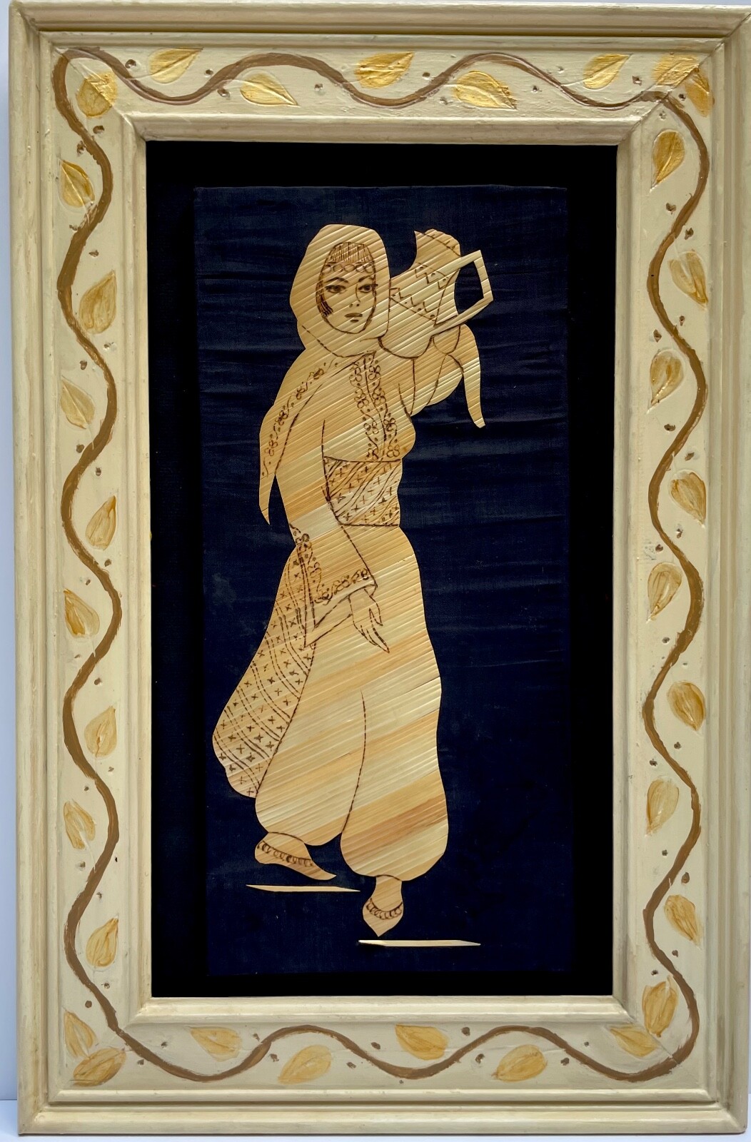 Vtg Turkish Mixed Media Painting W/Bamboo Traditional Dressed Woman W/Pitcher