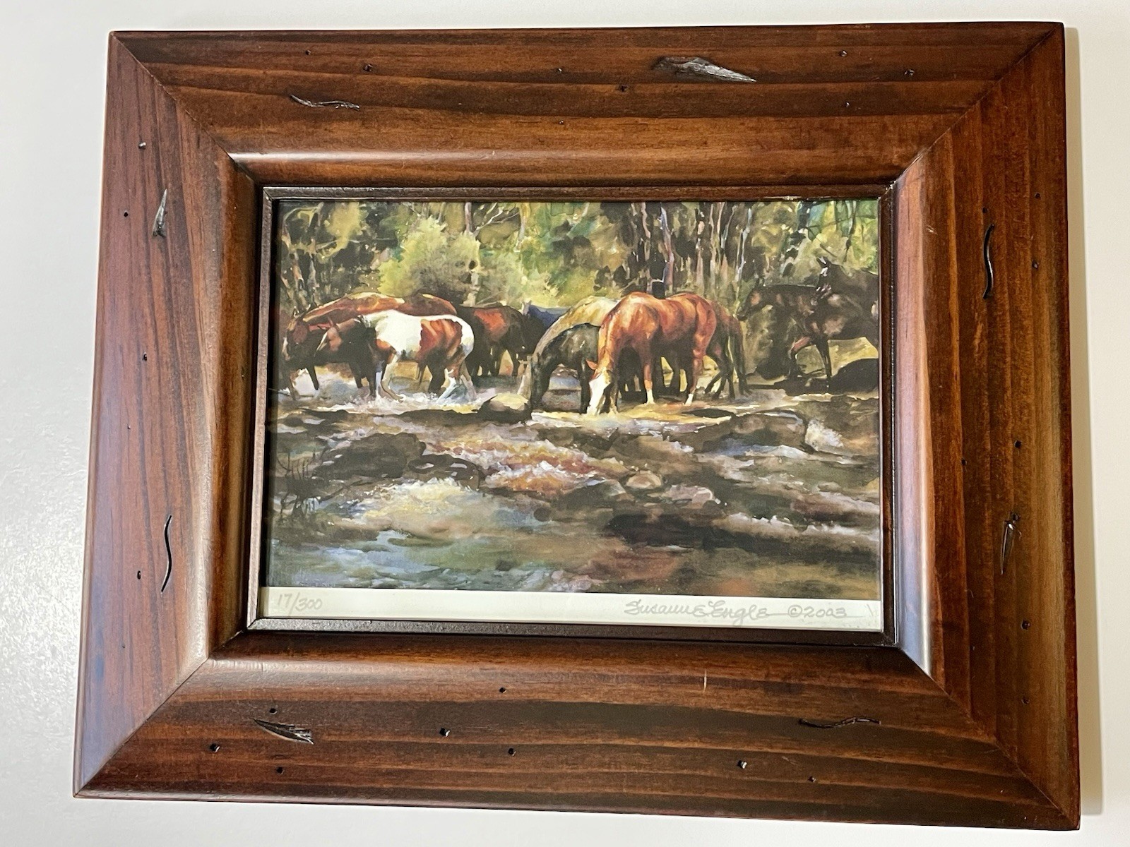 Susanne Engle Signed Horse Print Horses Crossing a Stream Watercolor Ltd Ed 9×11