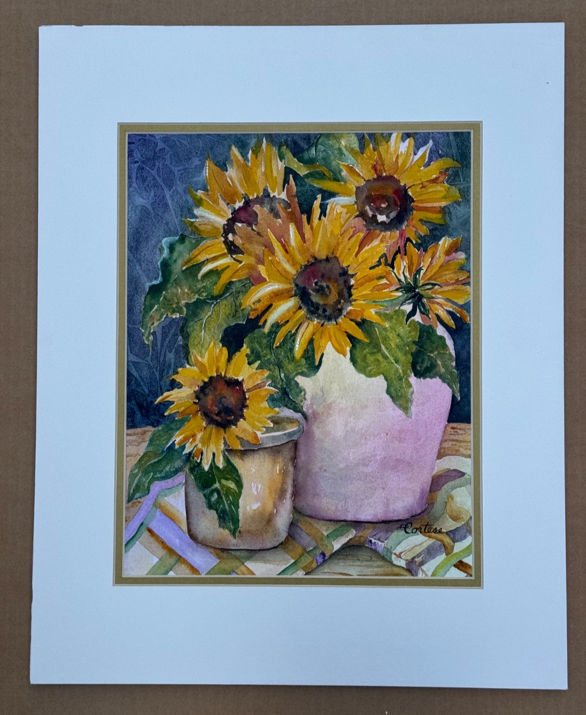 D. CORTESE SIGNED WATERCOLOR PAINTING SUNFLOWERS IN POTS STILL LIFE ORIGINAL ART