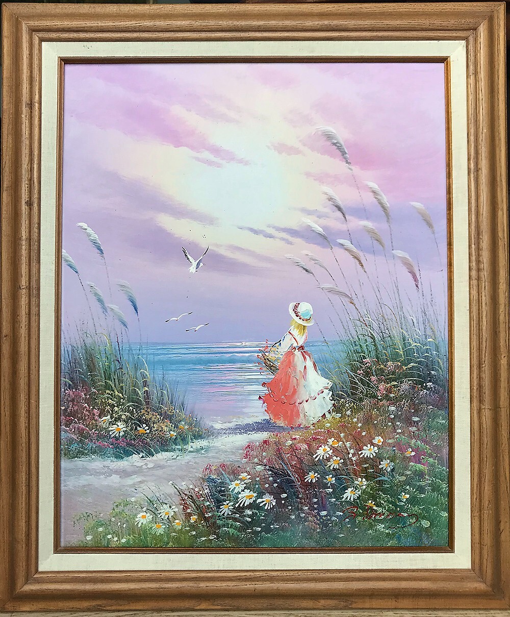 Framed Signed Painting Girl & Bird By the Sea, Original Acrylic on Canvas 20×25″