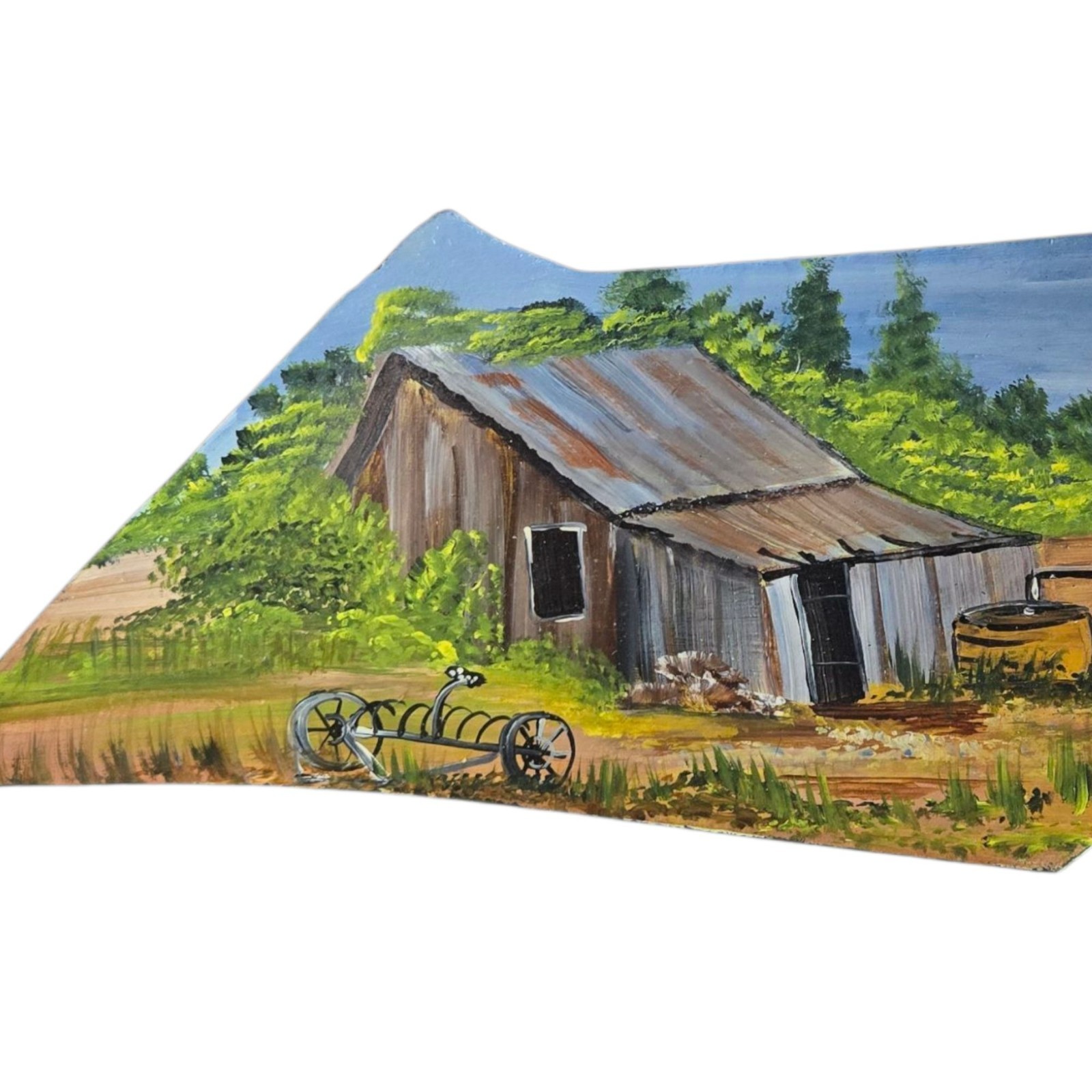 Vintage Barn Scene Folk Art Hand Painted Metal Plow Blade Windmill