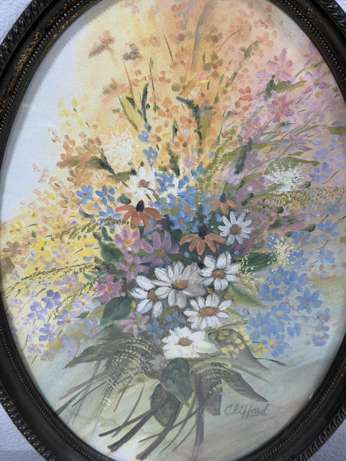Clifford Signed Framed Painting Still Life Mixed Floral Glass Oval Frame EUC