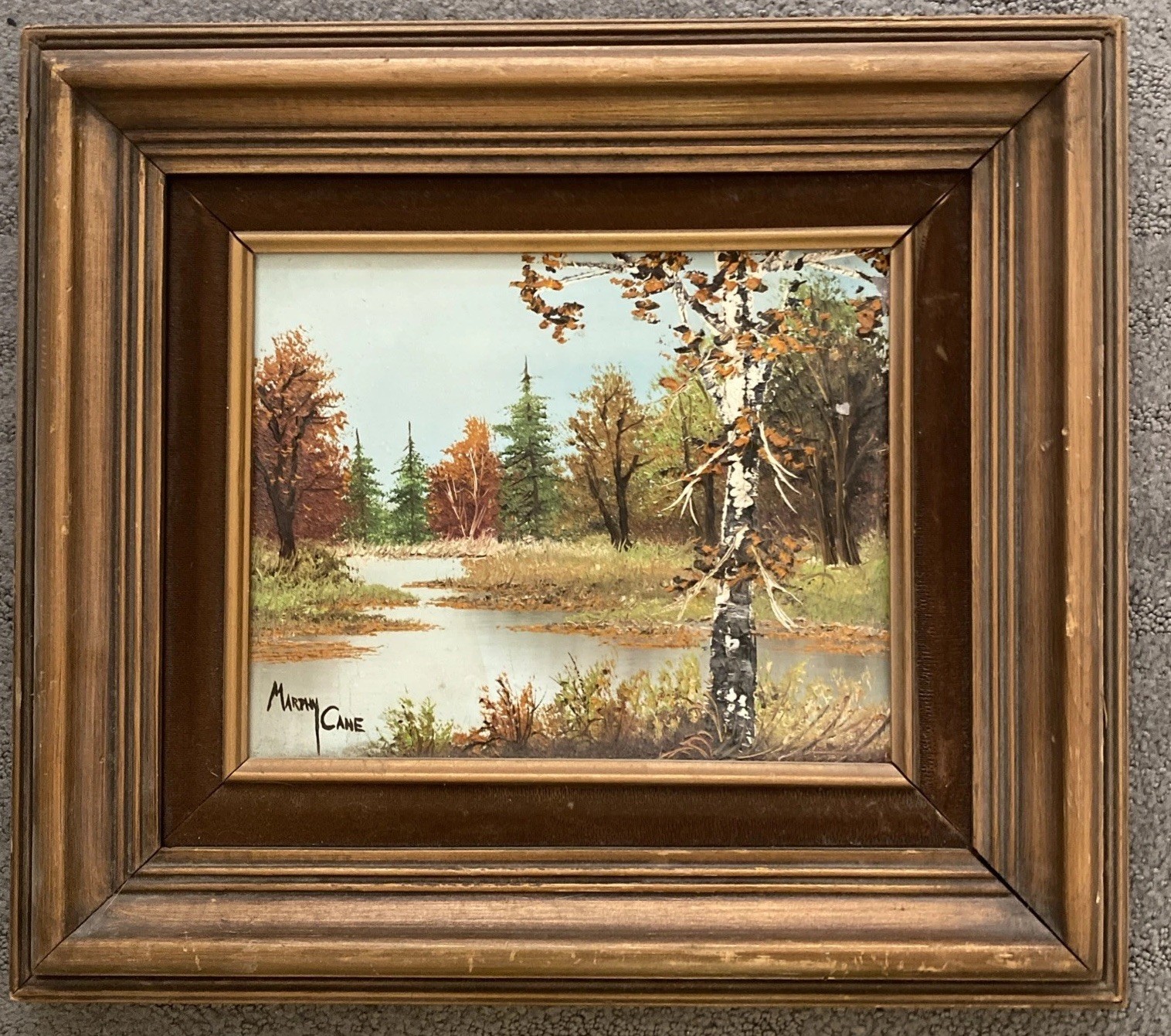 Vntg Framed Landscape Painting River Forest Water Signed 14” X 16” Original