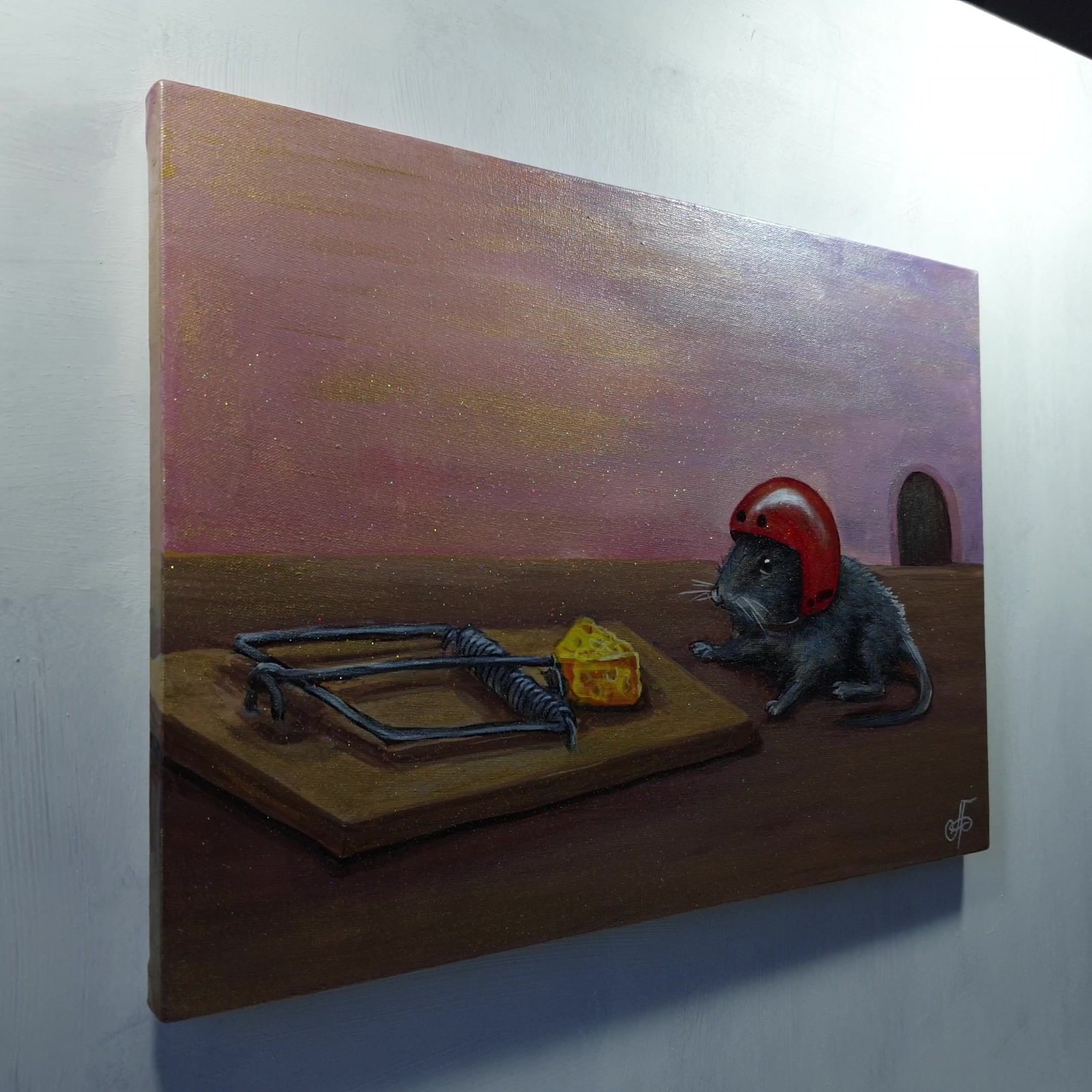 Original Acrylic Painting Thinking Mouse Red Helmet Cheese Trap Canvas Wall Art