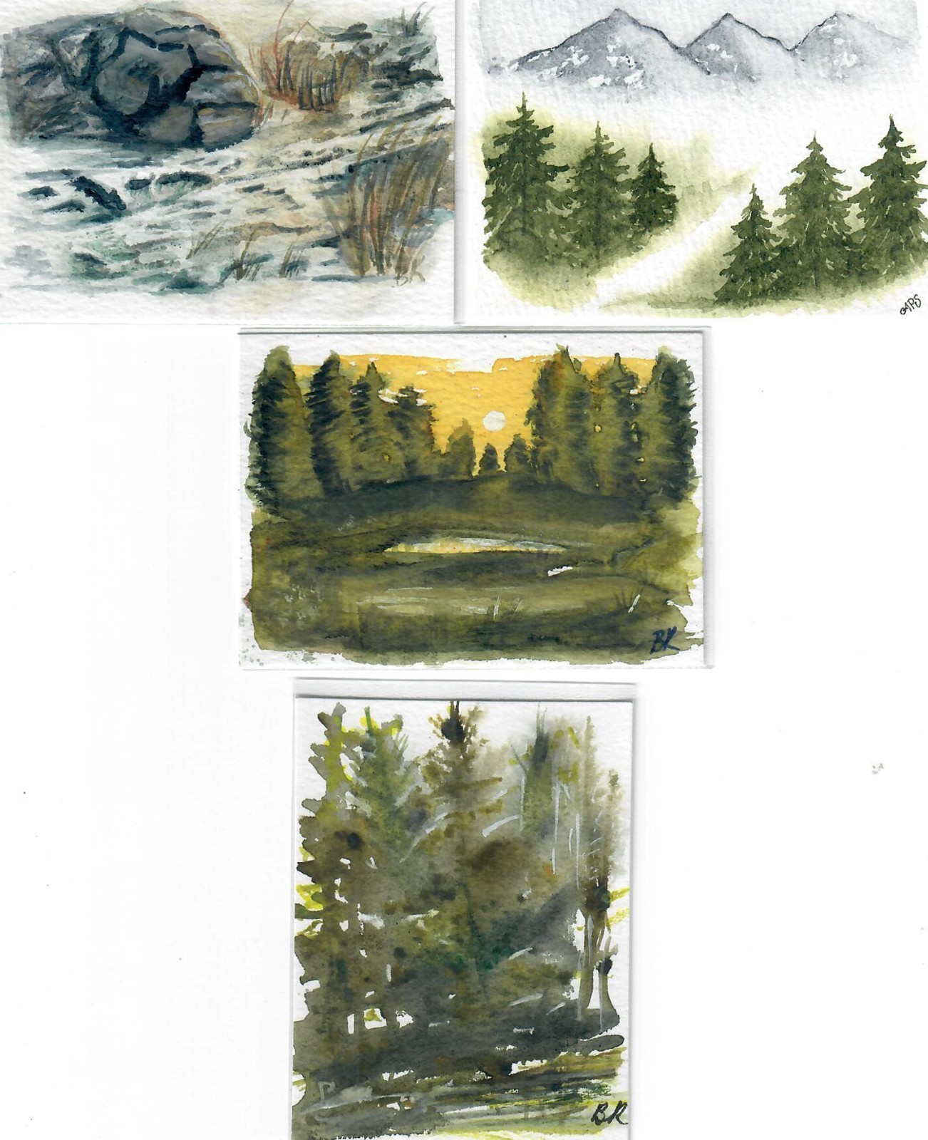 Aceo «FOUR LANDSCAPES» Watercolor Art Singed and Dated Various Artists