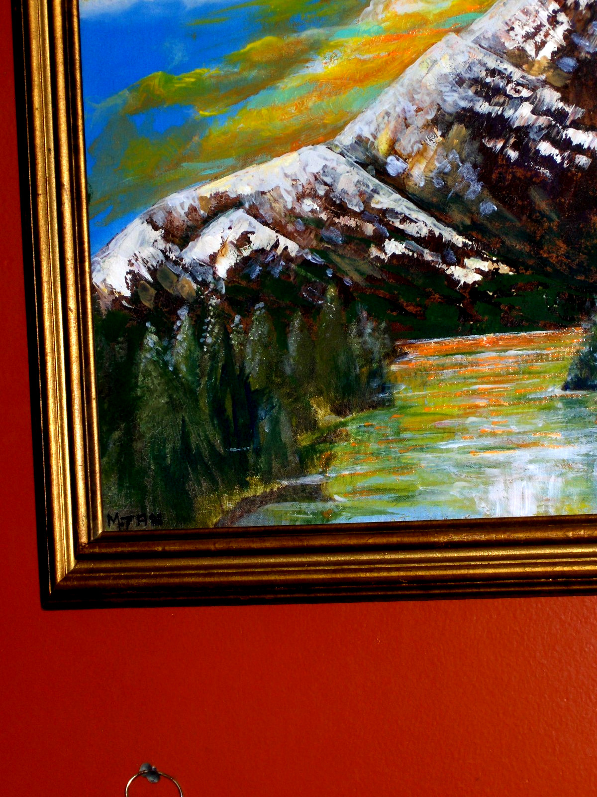 GORGEOUS ORIGINAL Mountain Snow Ice Landscape Green Tree Vintage Canvas Painting