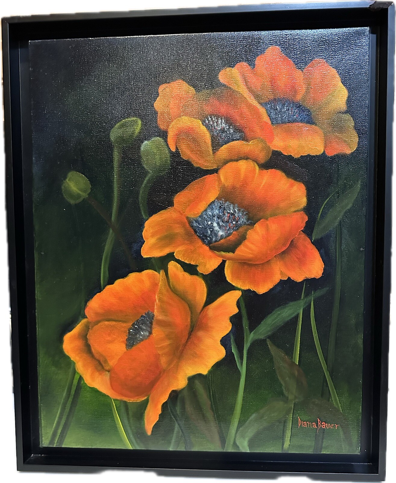 VTG RARE ORIGINAL OIL POPPY PAINTING DIANA BAUER OILS BY DI 18”x22” PICTURE ART