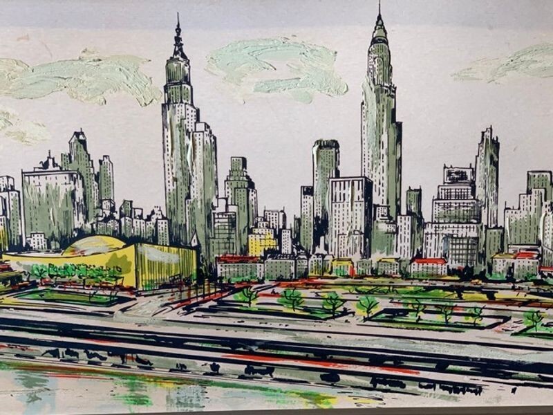 Mid-Century NYC United Nations J. Windsor Signed Embellished Silkscreen Board