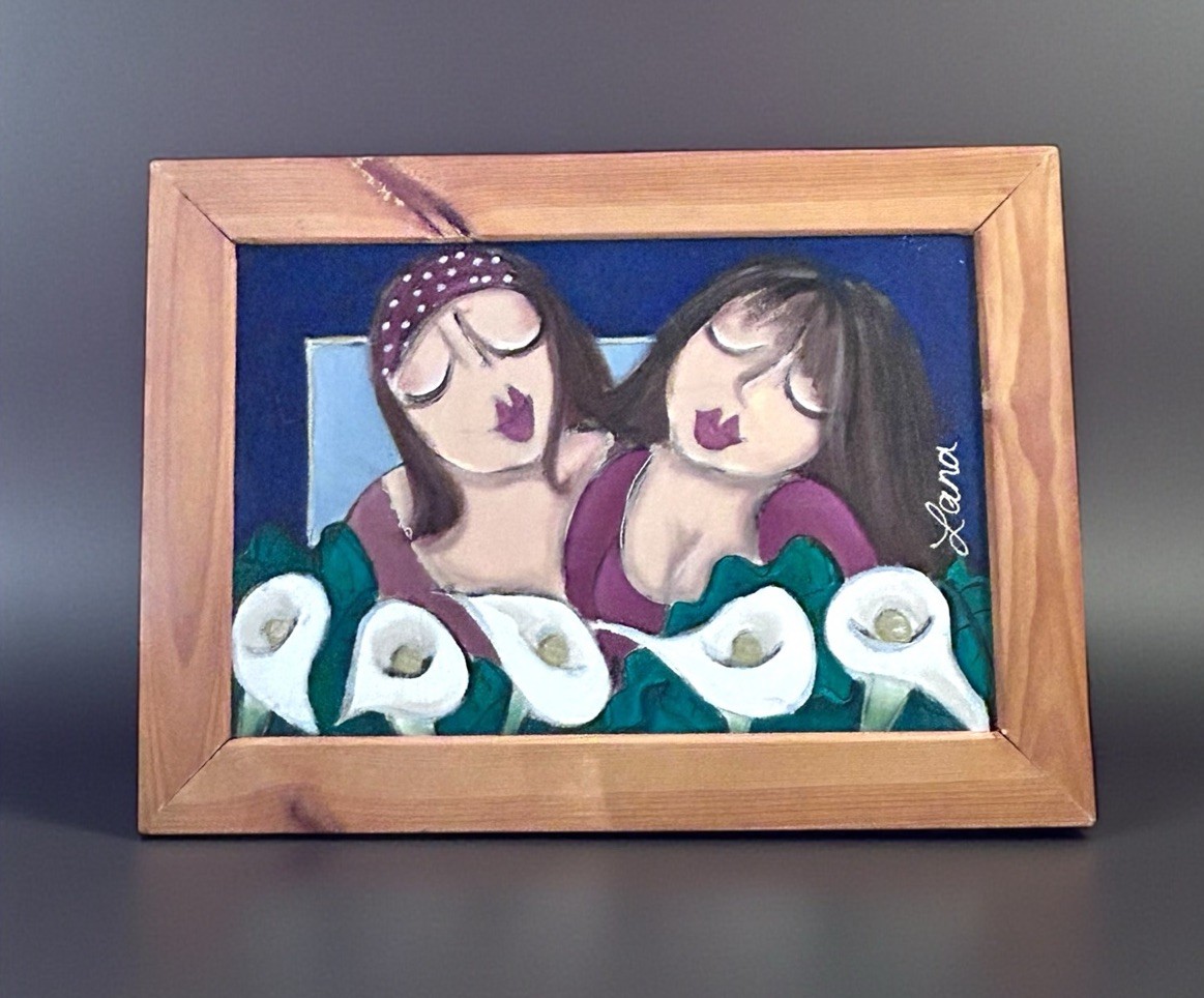Hand Painted Art Calla Lilies & 2 Girls On Fabric By Lana Vibrant Colors Frame