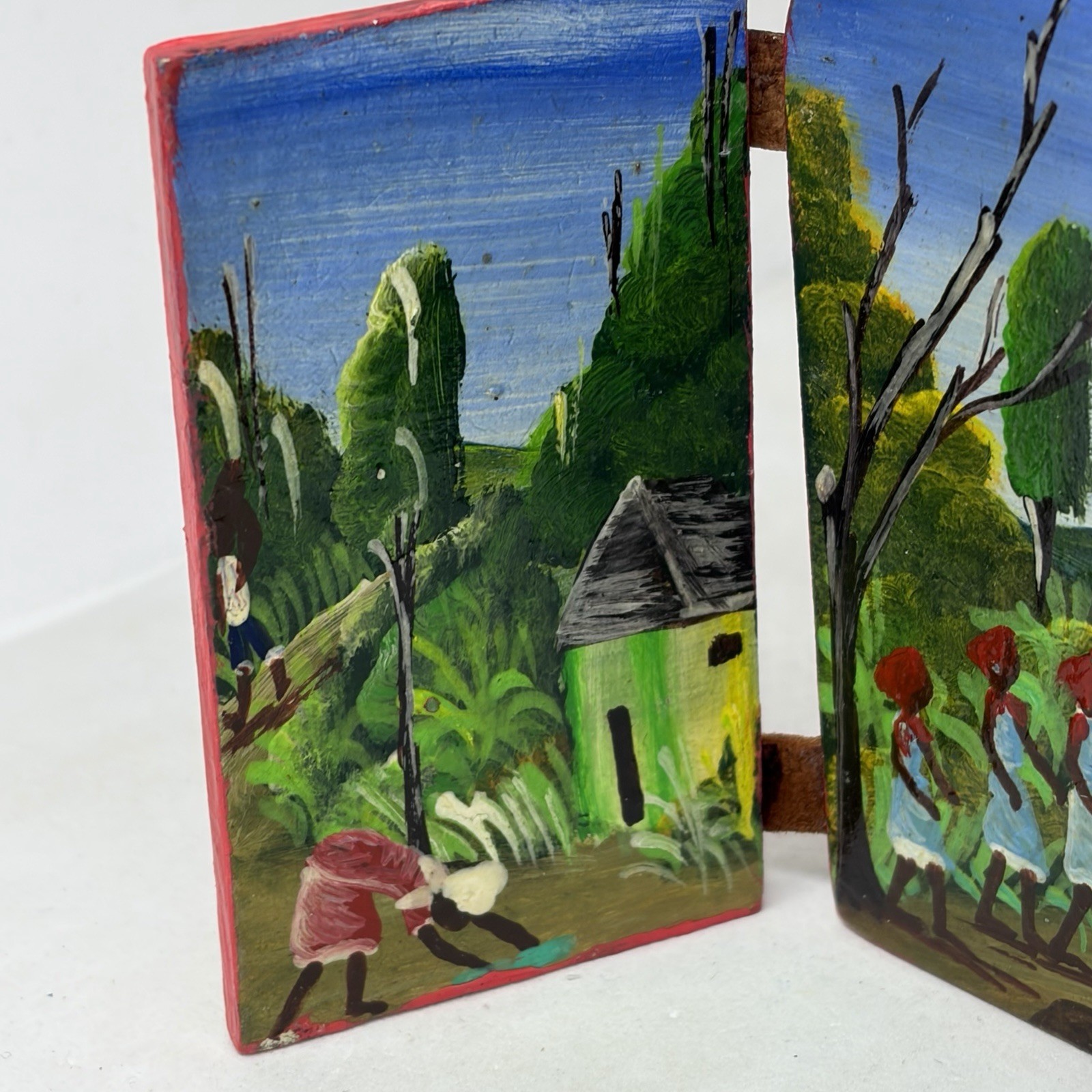 Vintage Haitian Folk Art Folding Wood Triptych Nativity Painting Signed R. NOLY