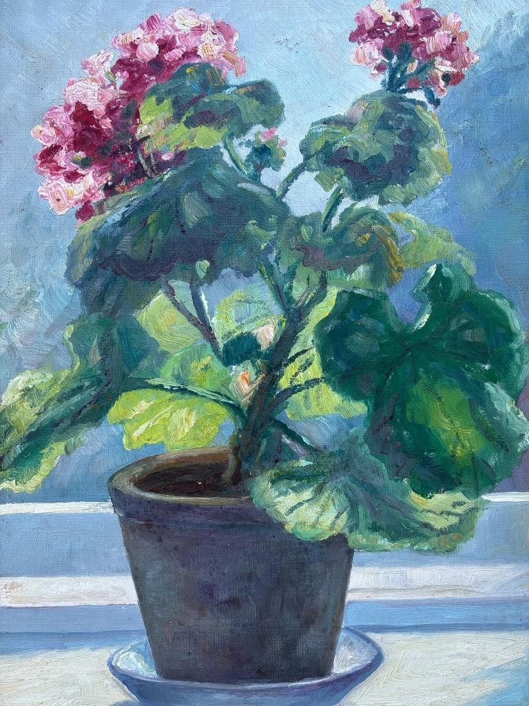 Lars Kliim (1881) Windowsill still life. Geranium in Sunlight, c.1930s.