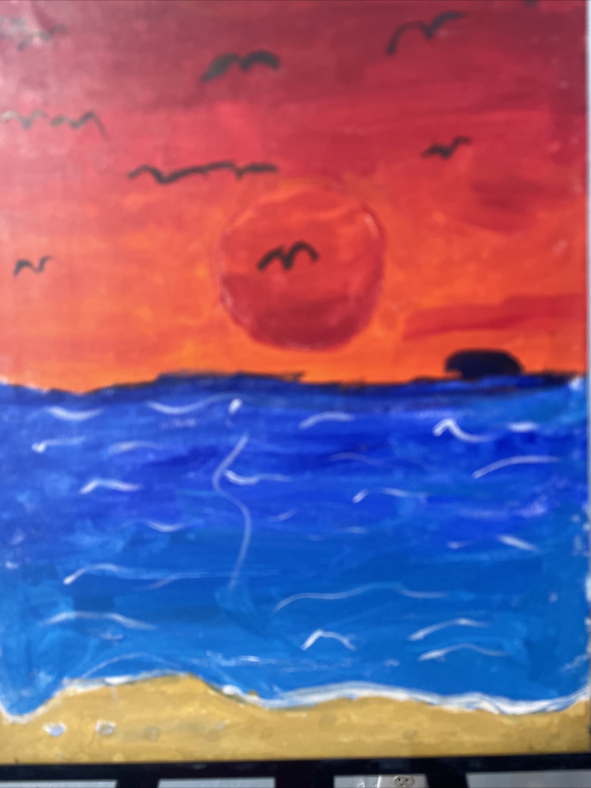 (11x 14 Inch) Painted Canvas Of The Sun Set With Details Of Birds Flying