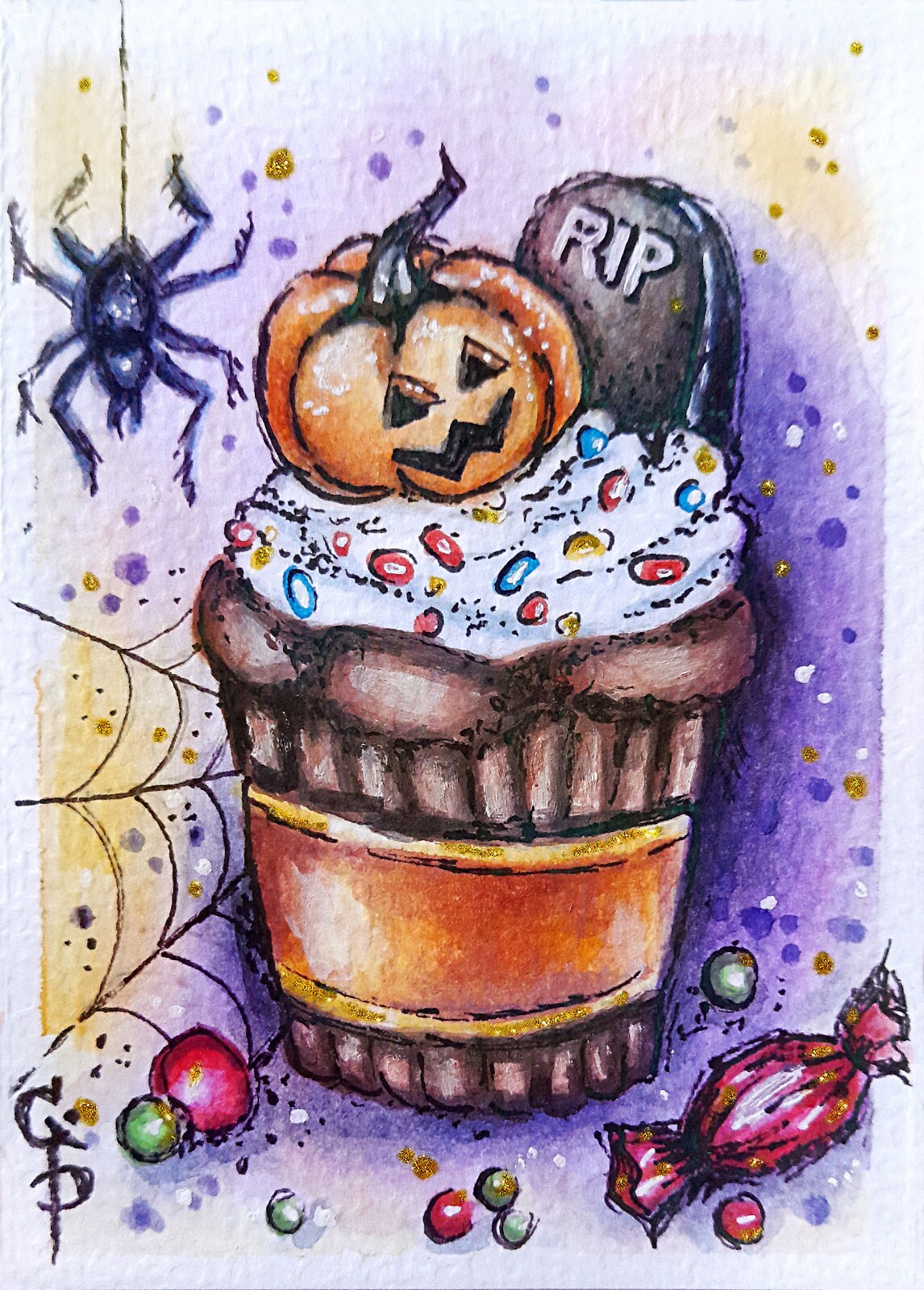 ACEO Halloween Painitng Cupcake Spooky Pumpkin Candy Spider Original Watercolor