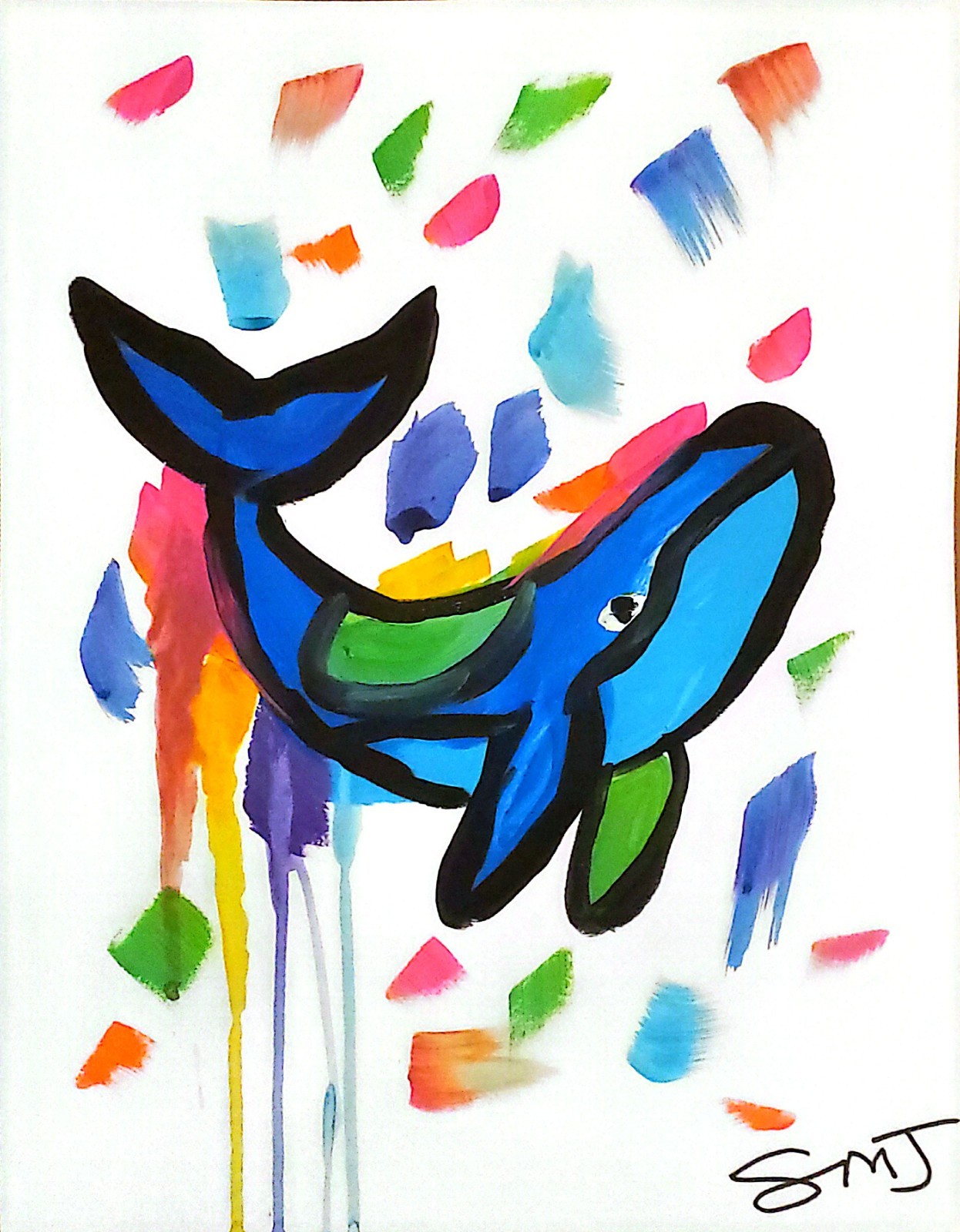 JULIEN Original 11X14 Unique HAPPY WHALE Abstract Expressionism Wall Art PAPER