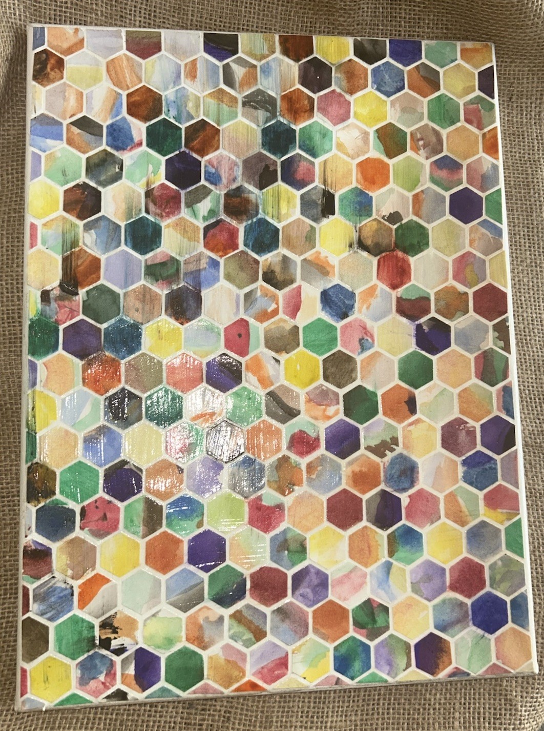 VTG Original WATERCOLOR GEOMETRIC MOSAIC COLLAGE 12” X 16” Canvas Unsigned