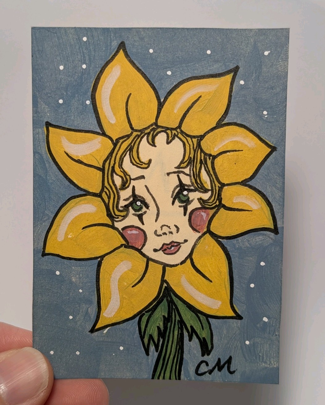 ACEO Original Whimsical Flower Girl Face Acrylic Painting Hand Painted Art Card