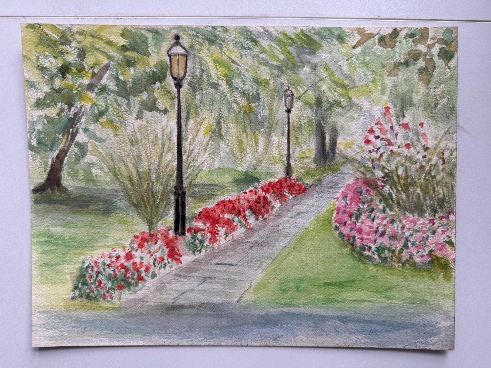 Vintage Watercolor Painting Flowers Garden Path Americana Landscape 13 x 10 OOAK