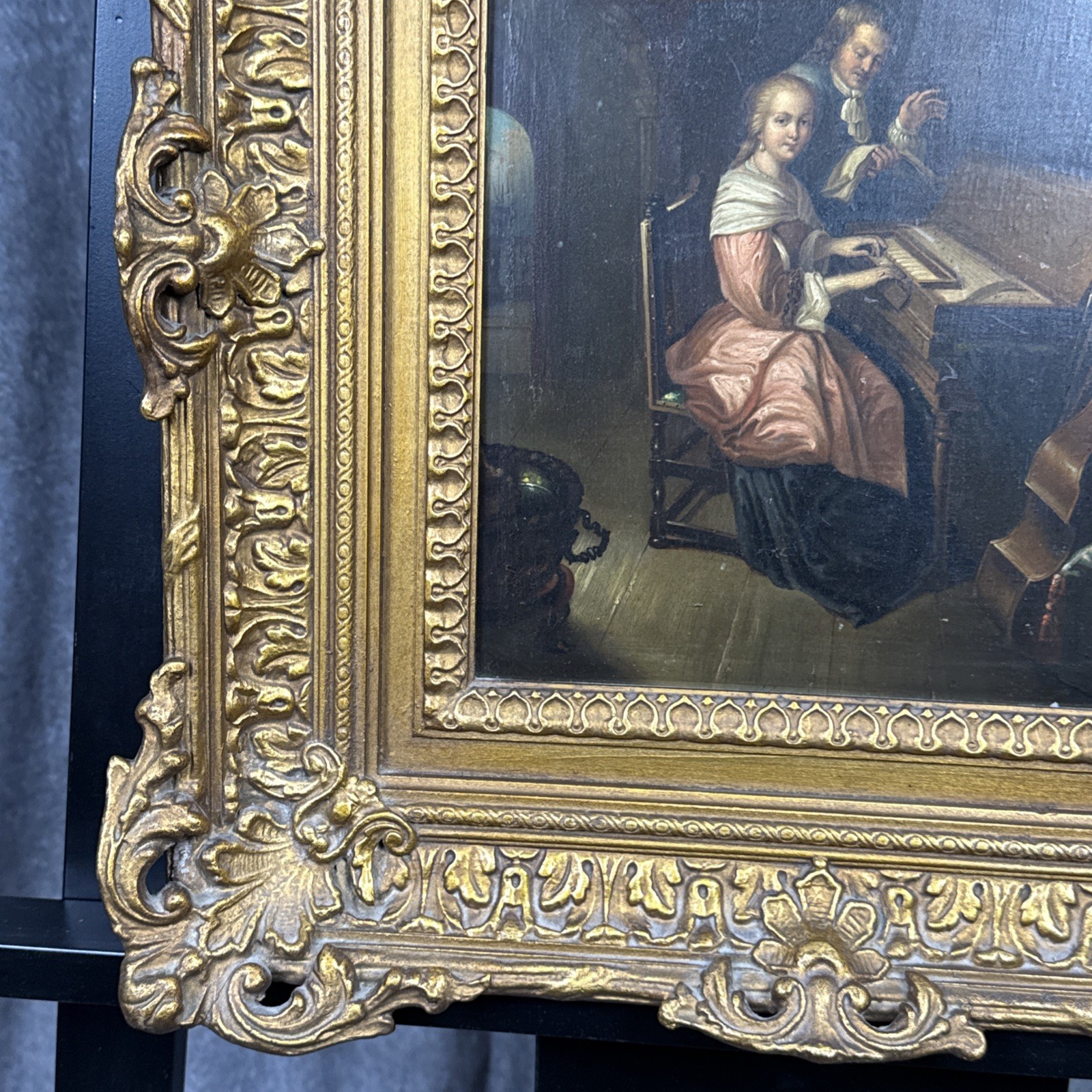 19thC Continental School Oil On Copper Painting Piano Lesson Framed 18×19”