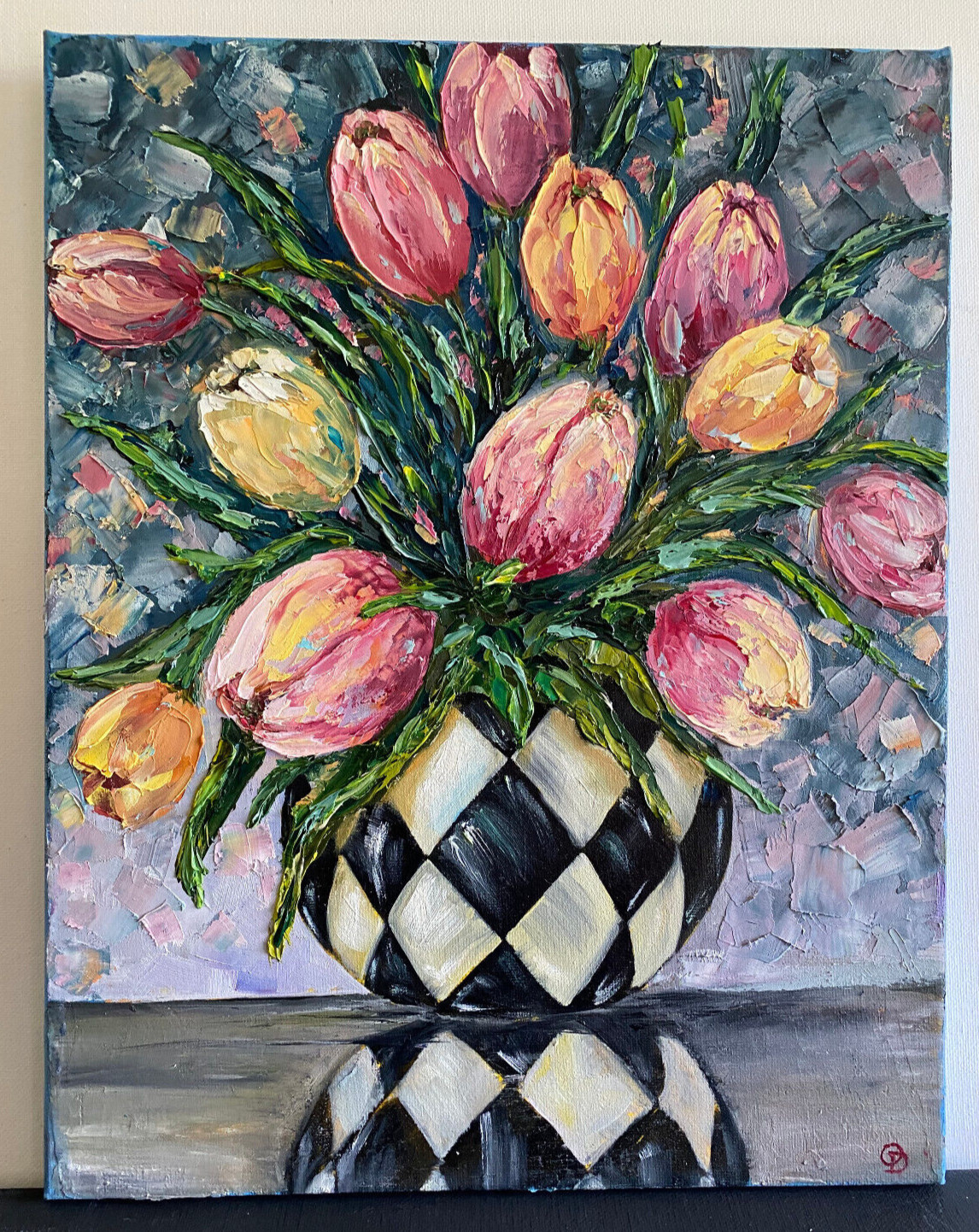 ORIGINAL OIL Painting TULIPS IN VASE impasto 14″x 11″ by Olga Diduh.