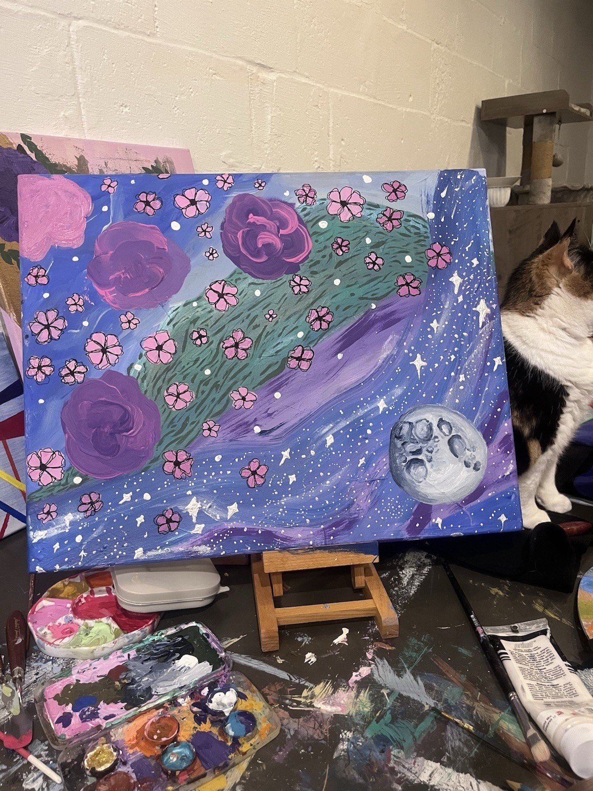 Original 16×20 Acrylic Painting Cosmic Floral Space Galaxy Textured Canvas