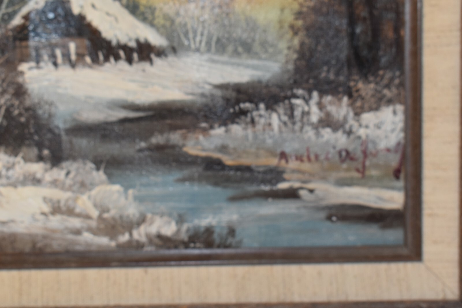 Andre De Jong Winter Cabin Scene Oil on Canvas 10 x 8 in Wood Frame 15 x 13