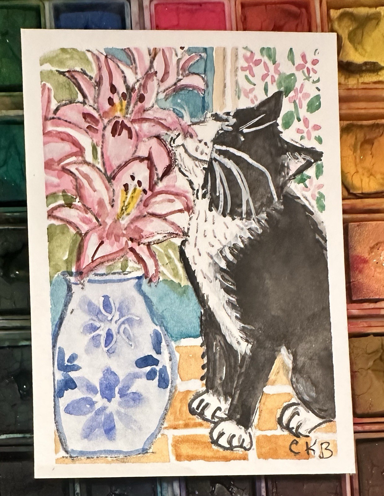 ACEO Original Watercolor Tuxedo Cat Tiger Lily’s Signed 2.5 X3.5