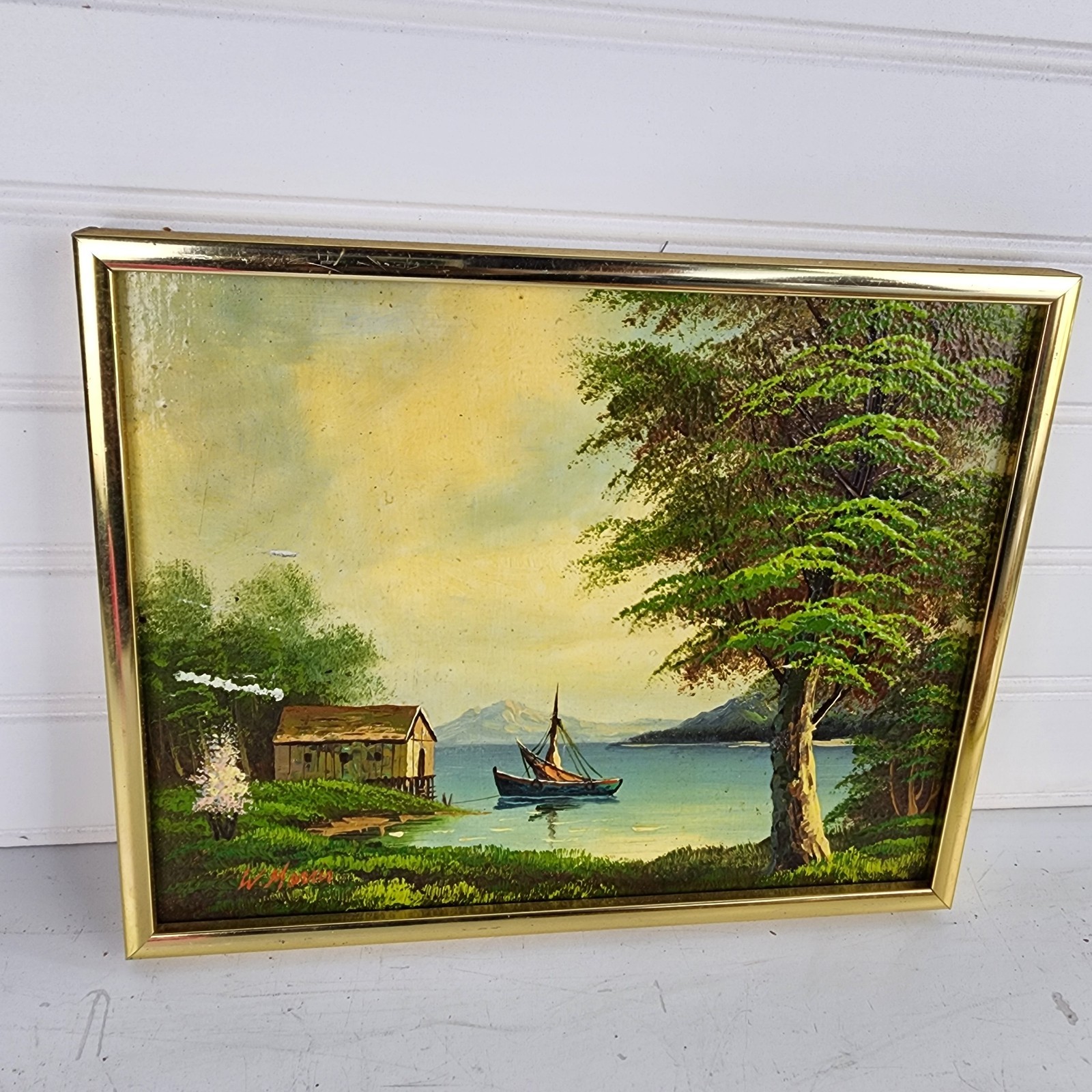 Lake House Fishing Boat Landscape Oil Painting Art by W. Morris Signed 10″ x 8″