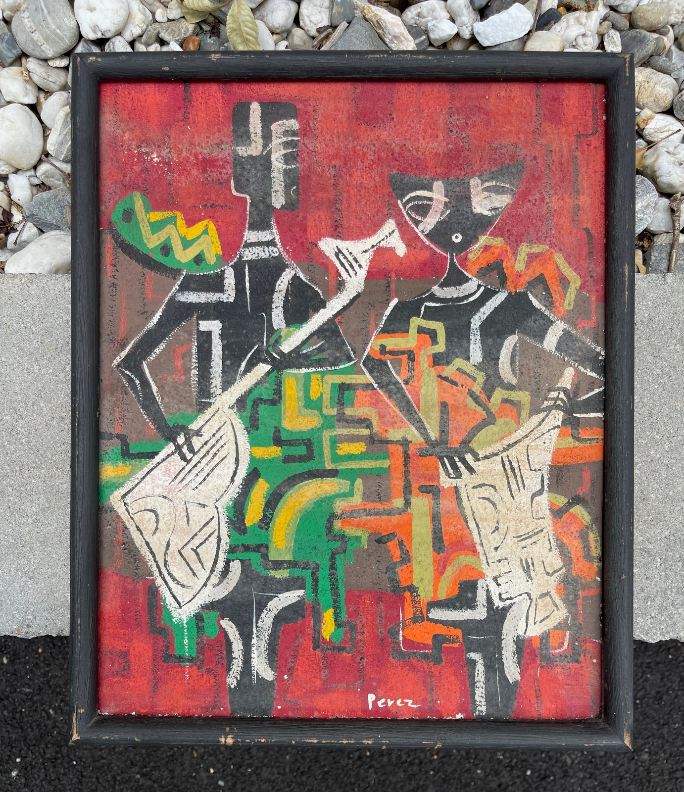 Vintage MCM Abstract Cubist Musicians Figural Painting Mid Century Modern Art