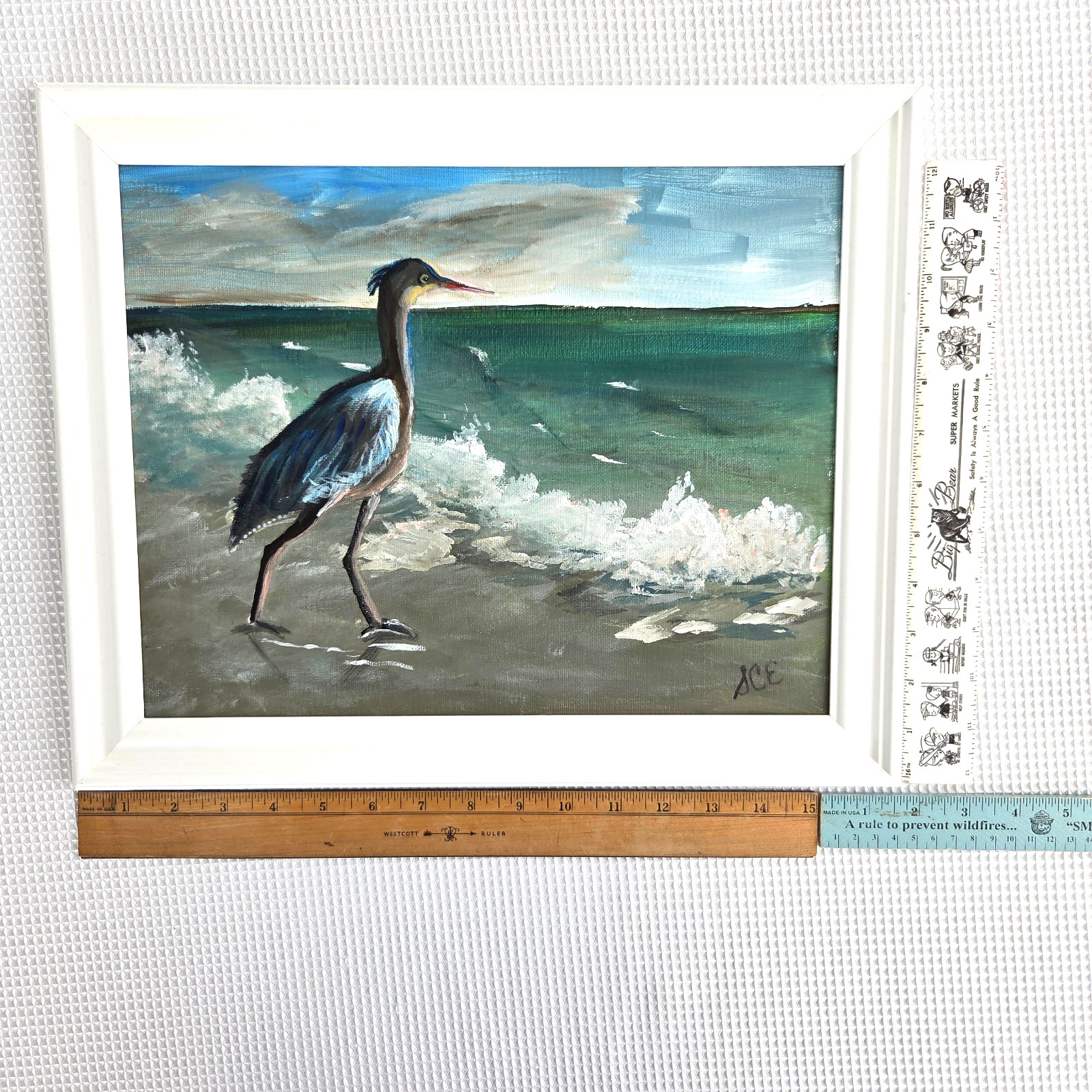 Original Painting Wall Art Blue Heron Frame in Gulf Sea 16.5 x 13.5″ Artist Sign