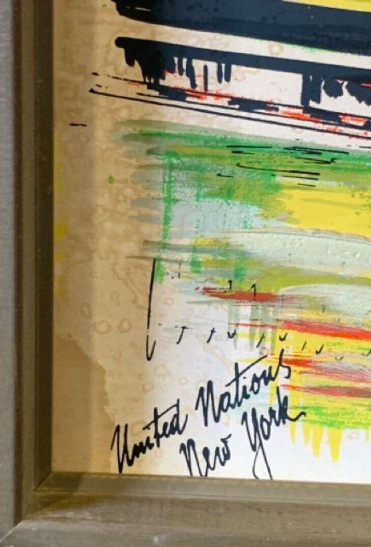 Mid-Century NYC United Nations J. Windsor Signed Embellished Silkscreen Board