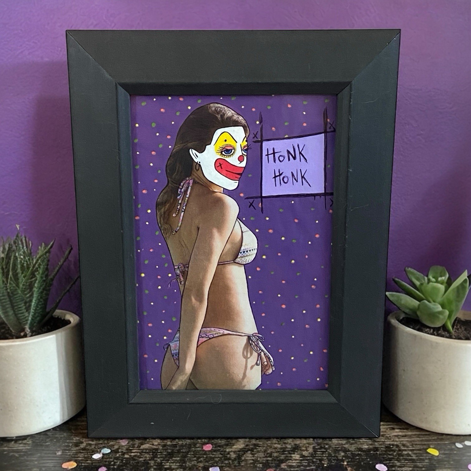 Original Painting Clown Woman In Bikini #2 Framed Ooak Art Circus Weird Girl