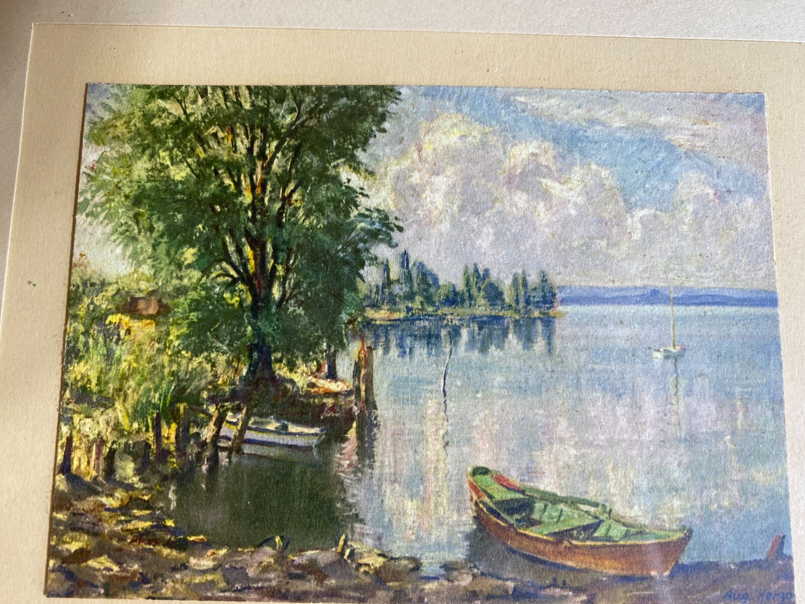 August Herzog (1885 – 1959) «Lakeside Scene» Oil Painting – Signed/Framed