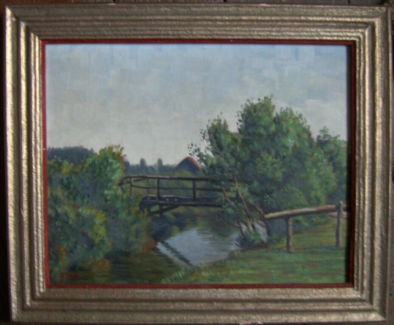 Summery River Landscape with Bridge and Pasture Fence Water Reflections Meadow