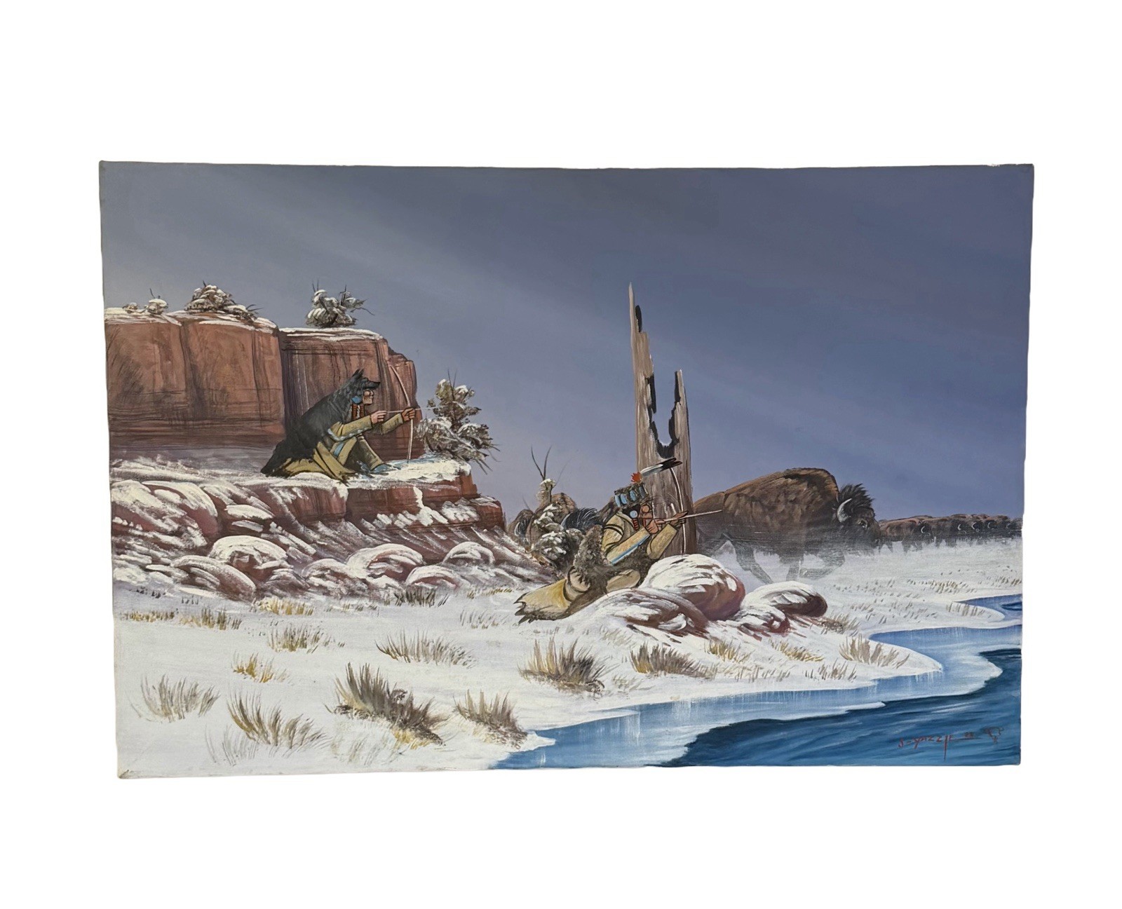 Original Johnny Yazzie Navajo American Indian Buffalo Hunting Painting 36×24