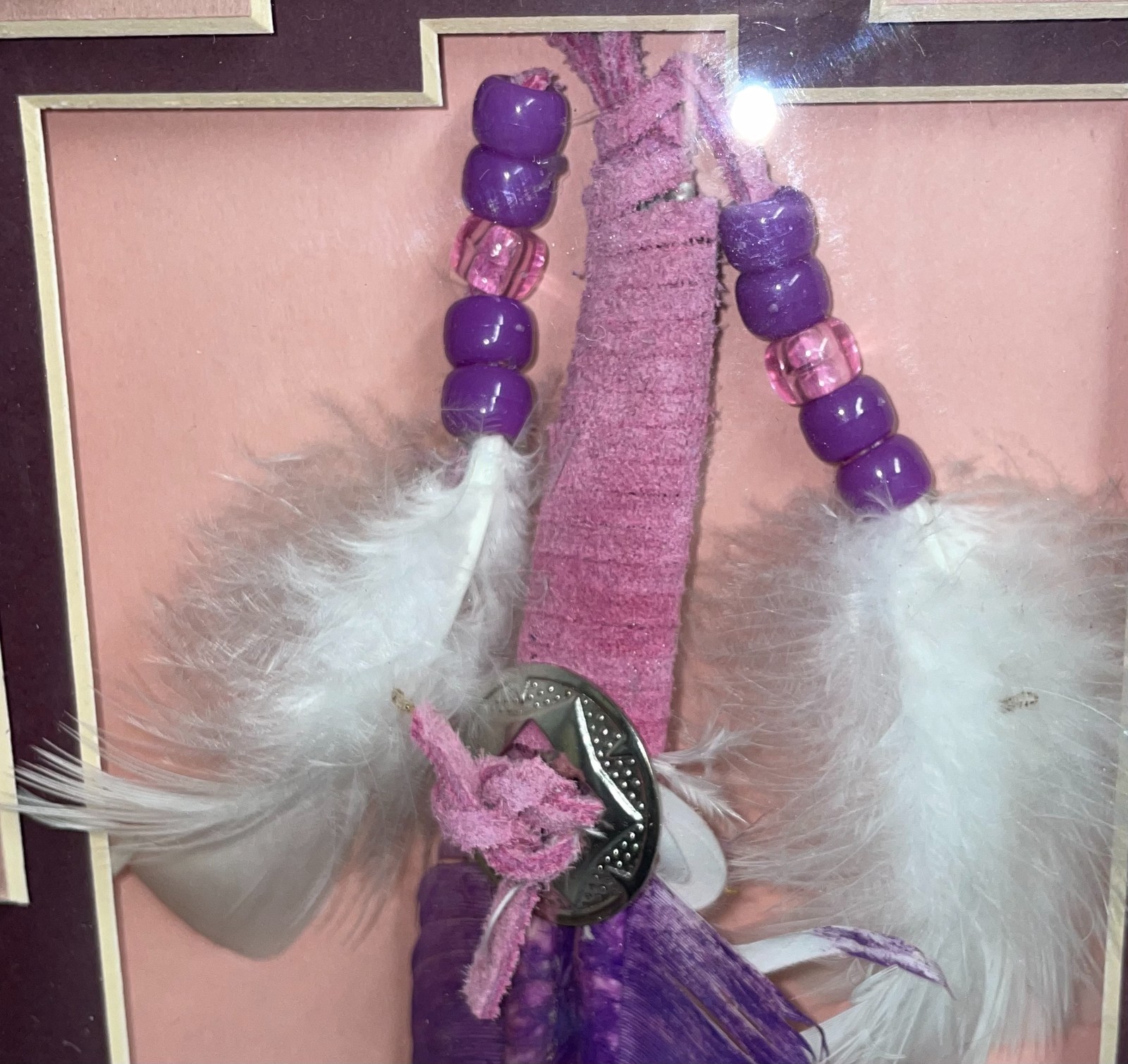 Hand Painted Flying Eagle On Turkey Feather W/ Leather Strips & Plastic Beads