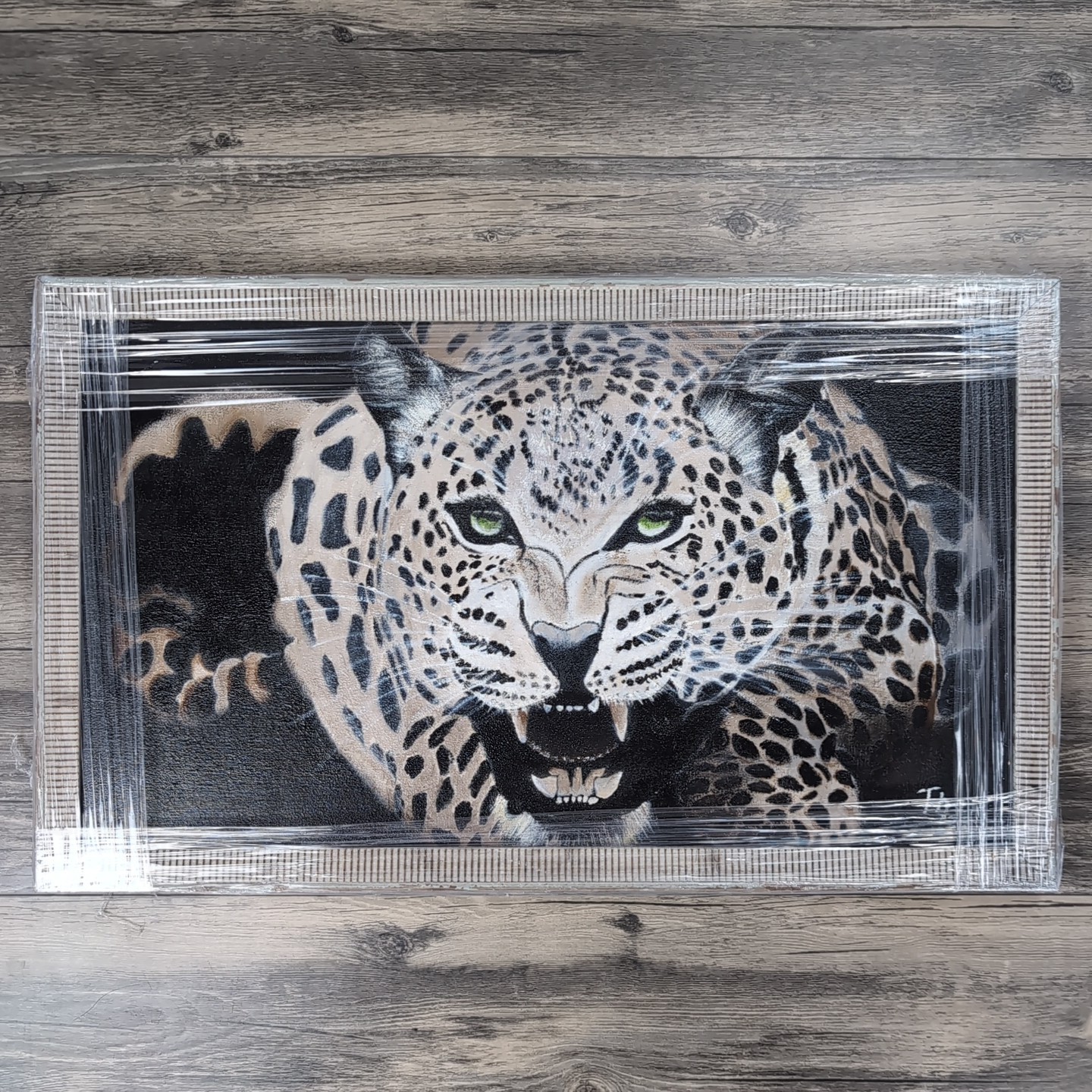 Snow Leopard Painting Original Wildlife Acrylic On Canvas 24×14.5″ Framed Art